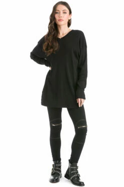 Vintage Relaxed Oversized V-Neck Ribbed Tunic -Outlet Hard Tail Forever Store 611 black 4