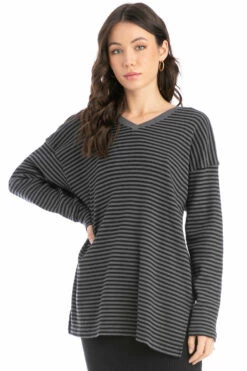Vintage Stripe Relaxed Oversized V-Neck Ribbed Tunic