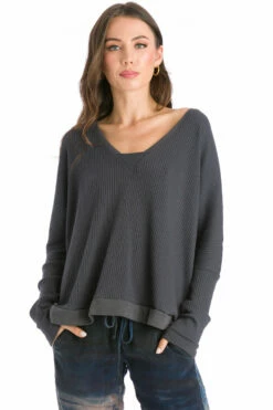 Long Sleeve Open V Ribbed Pullover