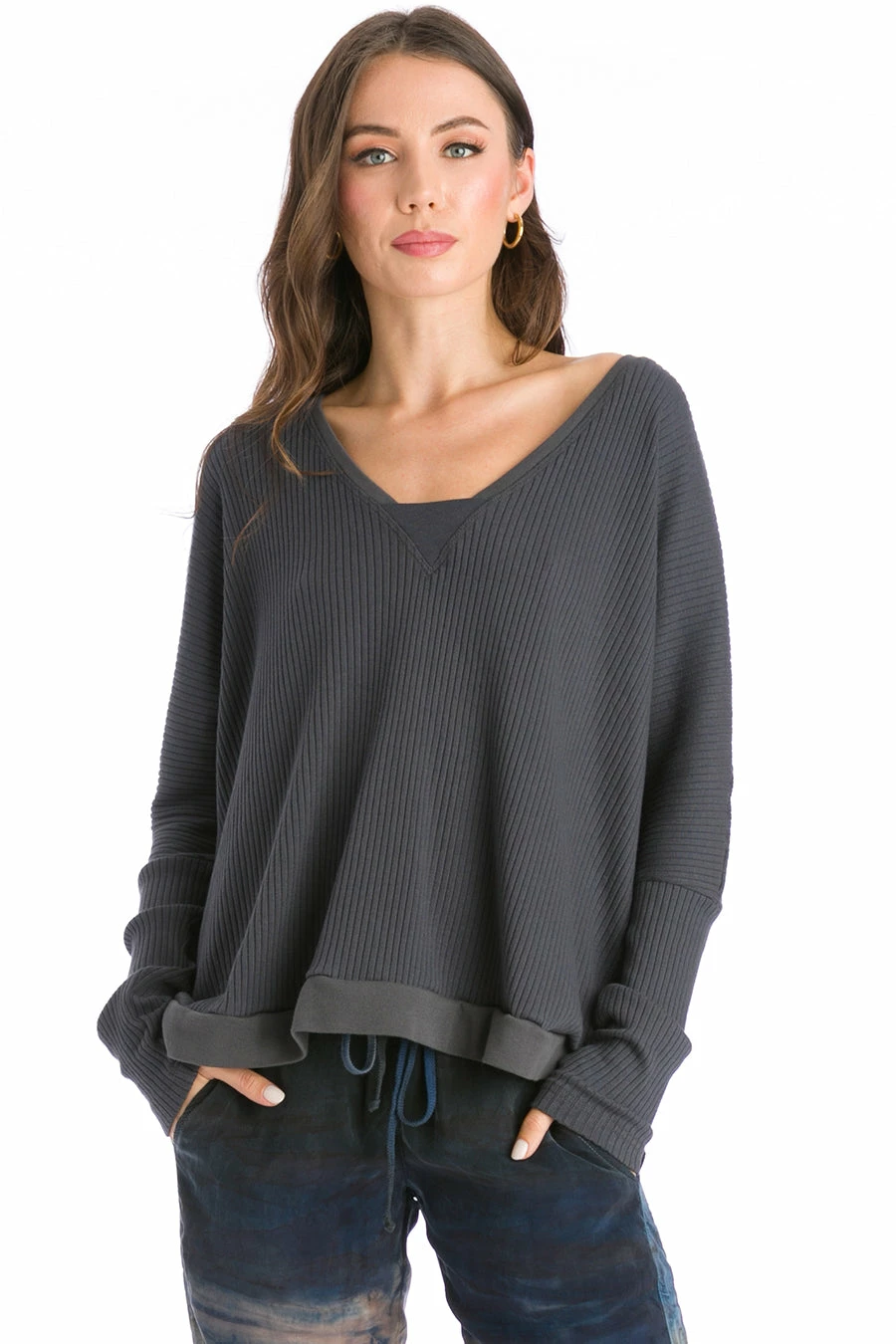 Long Sleeve Open V Ribbed Pullover 3 Long Sleeve Open V Ribbed Pullover