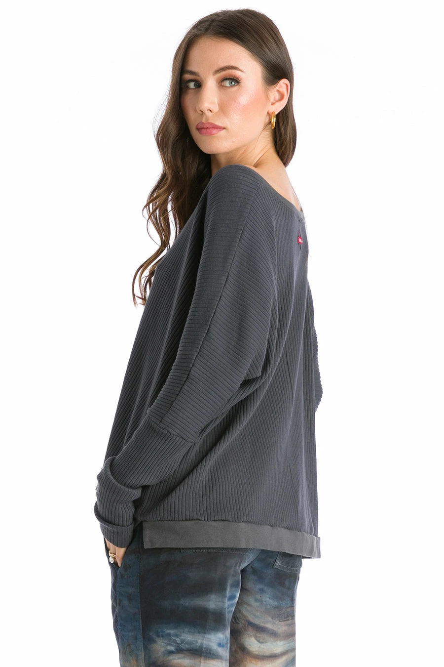 Long Sleeve Open V Ribbed Pullover 4 Long Sleeve Open V Ribbed Pullover - Image 2