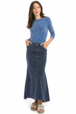 Hi-Lo Fitted Midi Jean Skirt